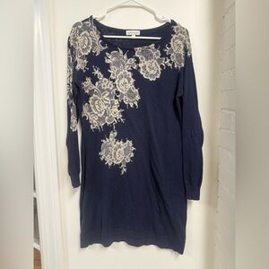 Monsoon Blue and Cream Asymmetrical Embellished Long Sleeve Cocktail Dress